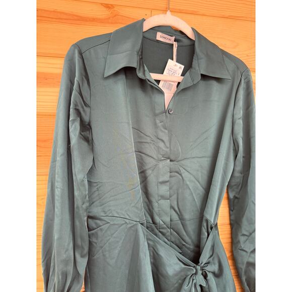 SIMKHAI Jonathon Simkhai Samba Wrap-effect Satin Midi Shirt Dress in Emerald 2 - Picture 6 of 7
